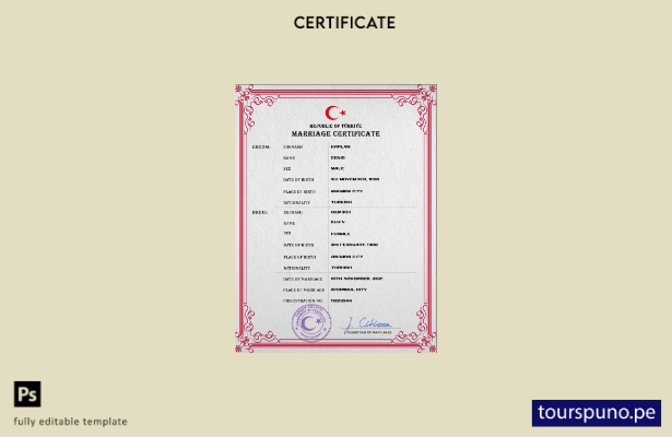 Plantilla PSD de certificado de matrimonio de Turquía lista para imprimir
